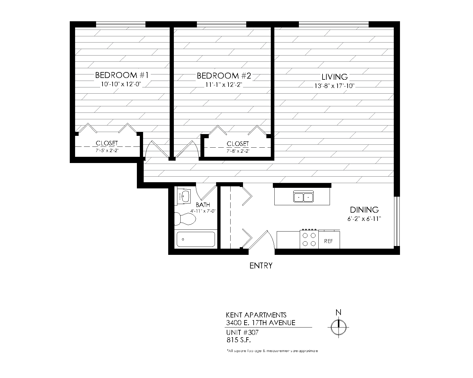 Floor plan for 2 beds, 1 bath, 815 sqft